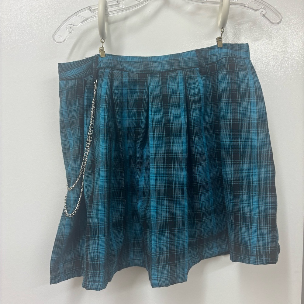 Blue Plaid Skirt with Chain Detail